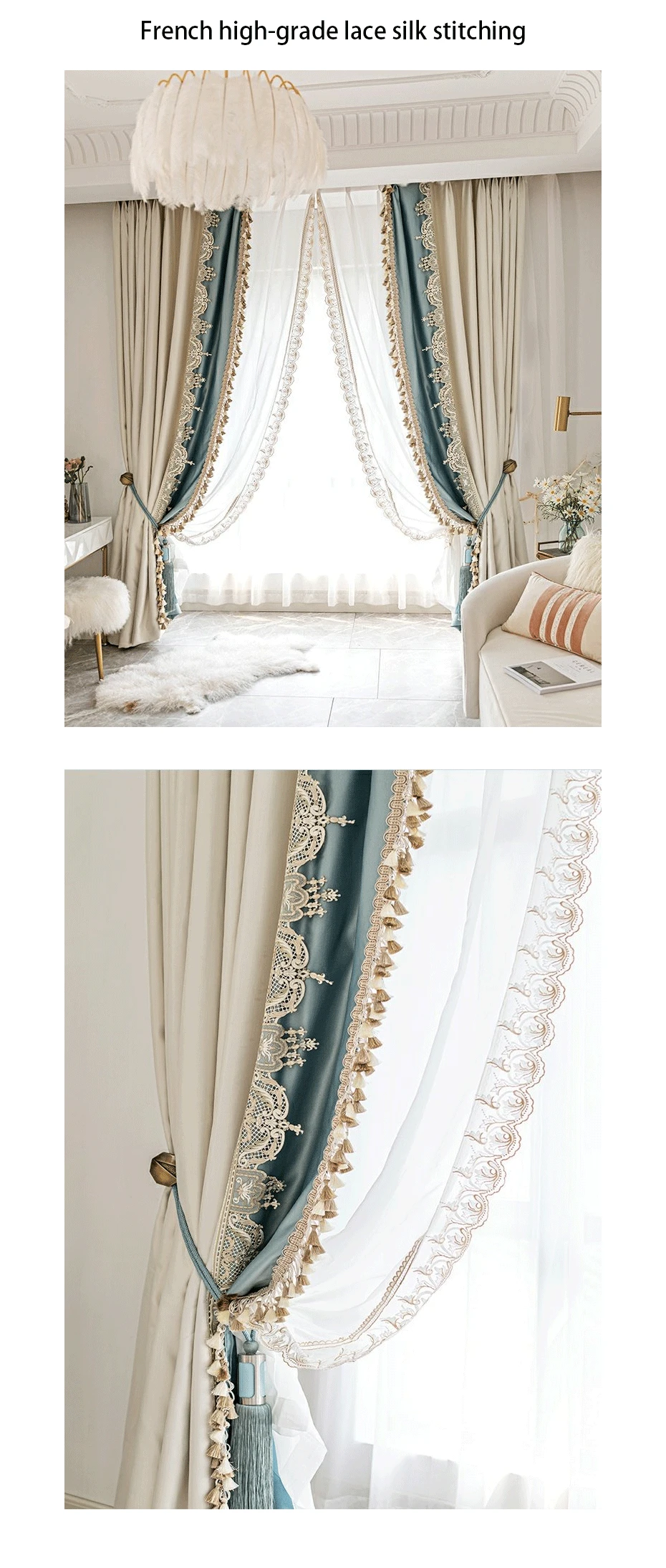 French Luxury Imitation Luster American Luxury Stitching Lace Curtains Blackout Curtains for Living Room Bedroom  Curtains