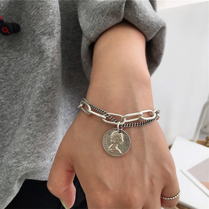 Punk Bracelets Carved Coin Head Bracelet Bangle Bohemian Circle Queen Thick Chain Tassel Pendant Women Jewelry | Украшения и