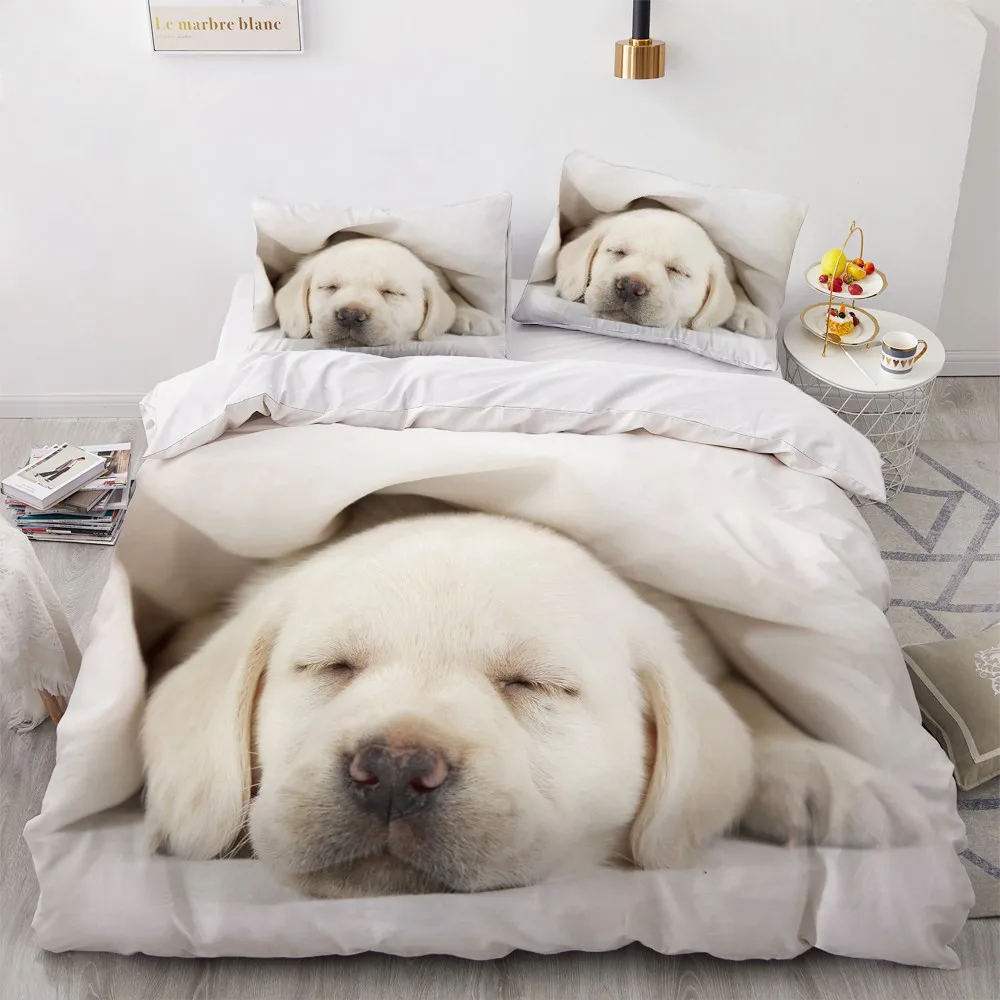 3D Bedding Sets White Duvet Quilt Cover Set Comforter Bed Linens Pillowcase King Queen 200*220cm Size Dogs Pets Dog