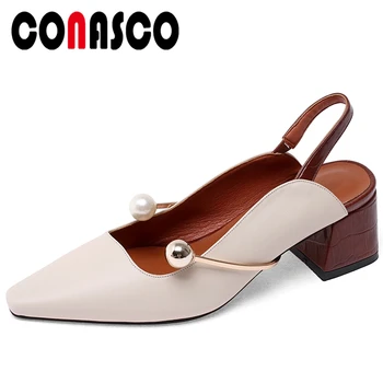 

CONASCO Women Sandals Mules Thick Heels Fashion Genuine Leather Pearl Decoration Summer 2020 New Arrival Casual Shoes Woman