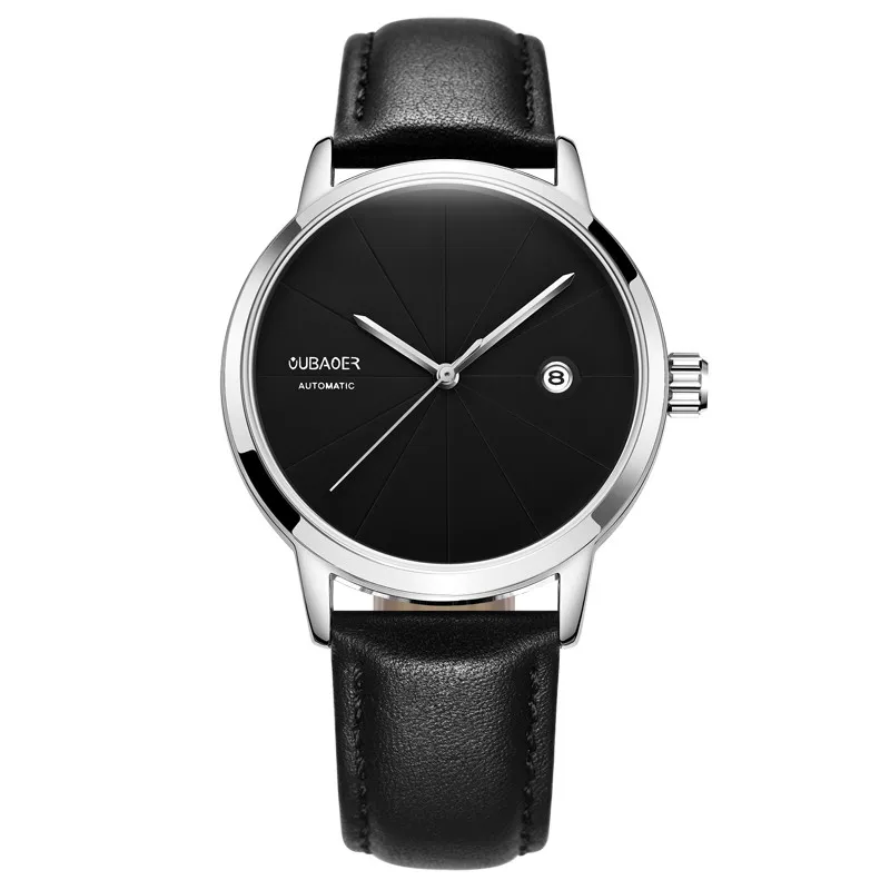 Relojes ochdin механические часы для мужчин s лучший бренд класса люкс автоматические механические часы для мужчин кожаные деловые часы - Цвет: silver black 025B