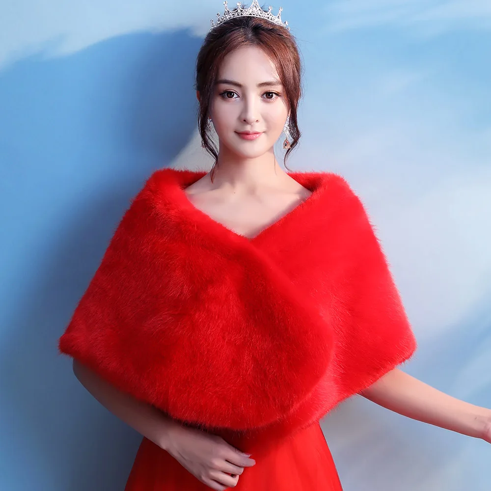 Женская бордовая Свадебная накидка, зимняя теплая шаль из искусственного меха, элегантная винтажная вечеринка, накидка на выпуск - Цвет: Red