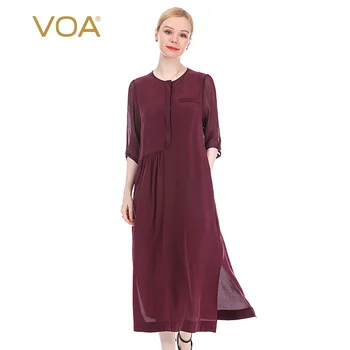 

VOA Silk Multi-Colored Options round Neck Georgette Three-Quarter Sleeve Filler Loose Large Split Dress AJ38