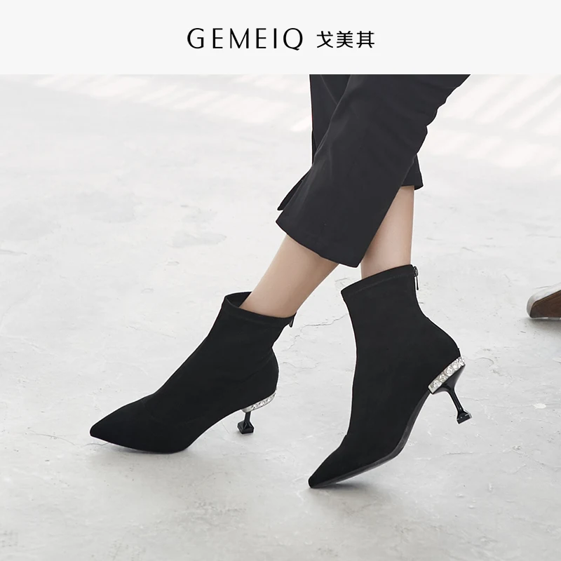 

GEMEIQ 2019 Winter New Women's Boots European and American Style Zipper Short Boot Women's Sharp Thin High Heeled Fashion shoes