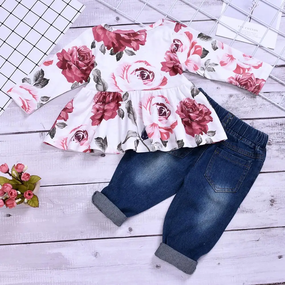 Коллекция года, весенне-осенняя одежда для маленьких девочек топы с длинными рукавами и цветочным принтом+ джинсы, одежда для детей эксклюзивная Одежда для девочек из 2 предметов