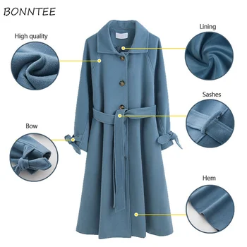 

Blends Women Elegant Office Lady Leisure All-match Single Breasted Long Coats Womens Loose Sashes High Quality Outwear Simple