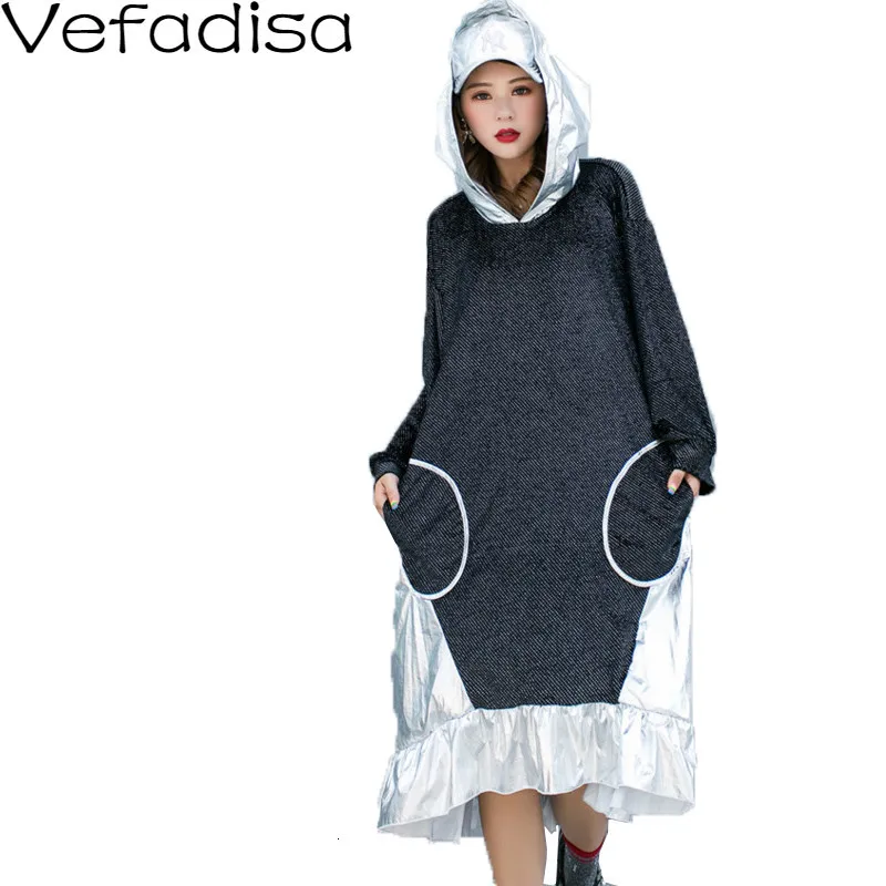 

Vefadisa Autumn Patchwork Ruffles Hooded Dress Solid Irregular Pocket Dress Long Sleeve Casual Woman Dress 2019 QYF593