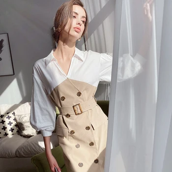 

Dabuwawa Turn-down Collar Double Breasted Belt Elegant Dress Women Lantern Sleeve Patchwork Dresses Office Lady DT1ADR015