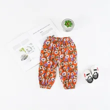 Г., стиль, Детские противомоскитные штаны с маленькими цветочками Тонкие штаны-фонарики из чистого хлопка для мальчиков и девочек Свободная одежда в Корейском стиле для малышей