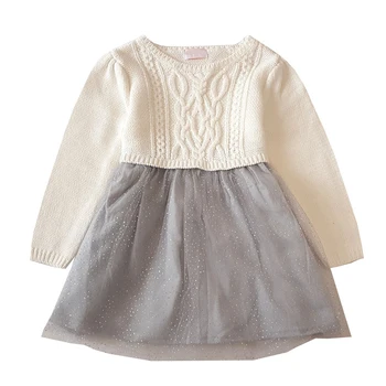 

Baby Veil Dress Spring Autumn Children's Sweater Girls Grey Lace Skirt White Knitted top Fashion Sweater Dress Girls Clothes