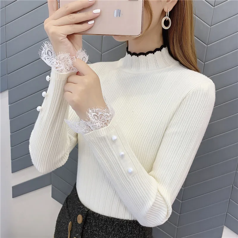 Пуловер Blusas De Inverno Feminina, 9411, настоящая фотография, утепленный джемпер с кружевными рукавами, 38- 1-й этаж, 3 ряда, 4 полки