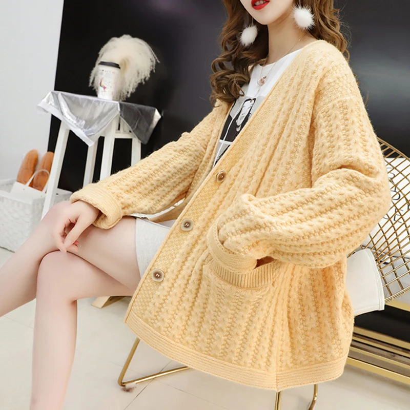 

Ailegogo New Women Knit Single Breasted Loose Sweater Autumn Casual Female V Neck Cardigans Outwear Ladies Solid Knitwear Tops