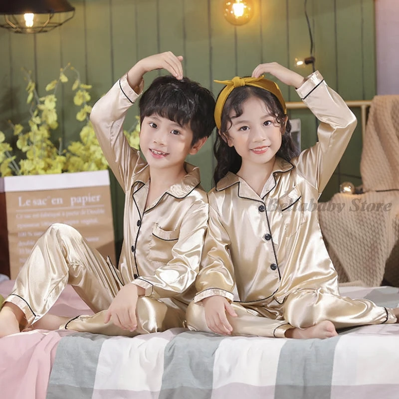 Cotton Pajamas Set Champagne Gold Satin Silk Pajamas Set for Kids Boys Pyjamas Baby Girl Sleepweear Spring Autumn Long/Short Sleeve Nightwear 3-14Y cotton pajamas set