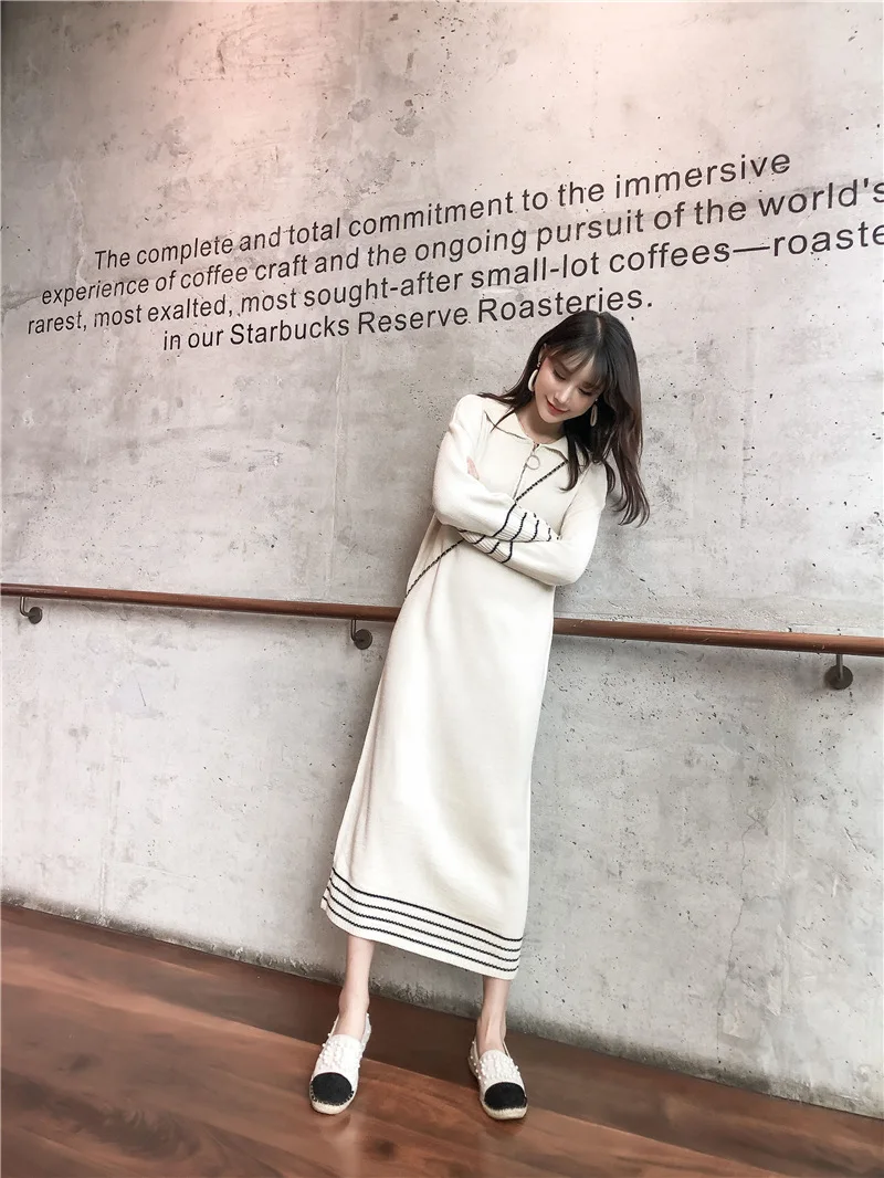 

Sweater Dress Women's Autumn And Winter Korean-style New Style Loose-Fit Slimming Polo Collar Stripe Spell Color Long over-the-K