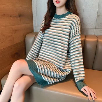 

Medium length sweater women's Pullover over knee loose vintage style 2019 new knitting bottoming sweater fashion women's sweater