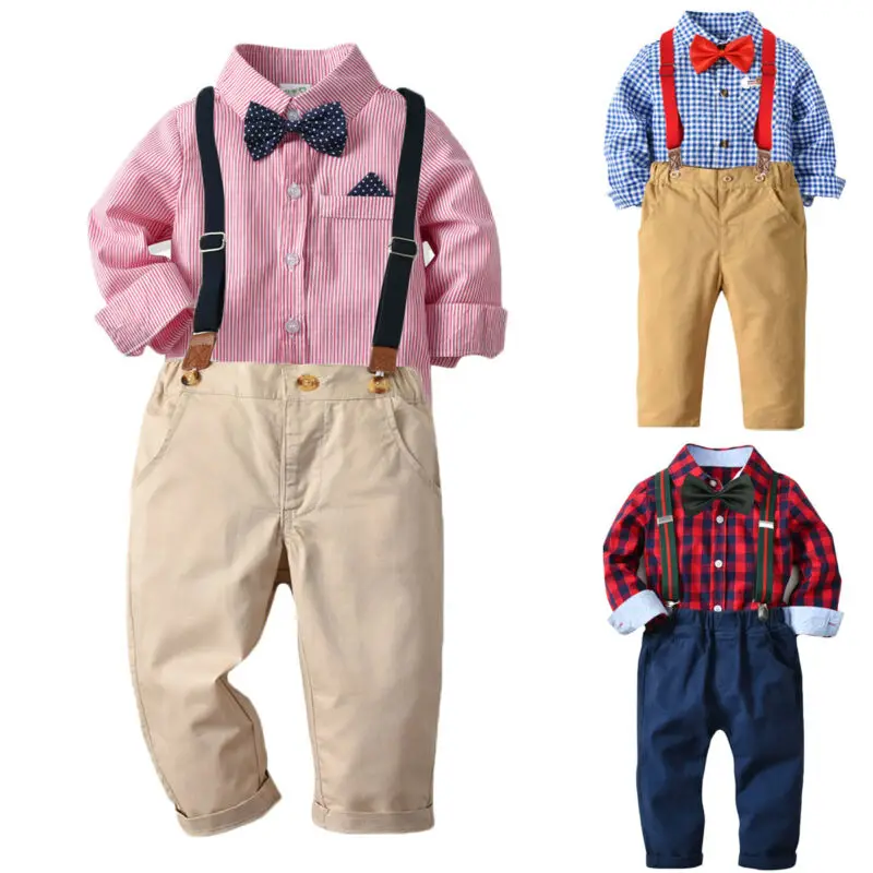 Beste 6 M 7 T Pasgeboren Baby Baby Boy Kid Gentleman T shirt Tops + Bib Broek Outfits Kleding
