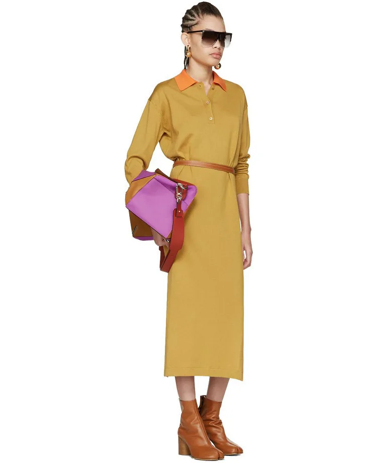 DEAT New Winter Fashion Women Clothes Turn-down Collar Full Sleeves Knits Yellow Shirt Dress With Belts WJ13807S