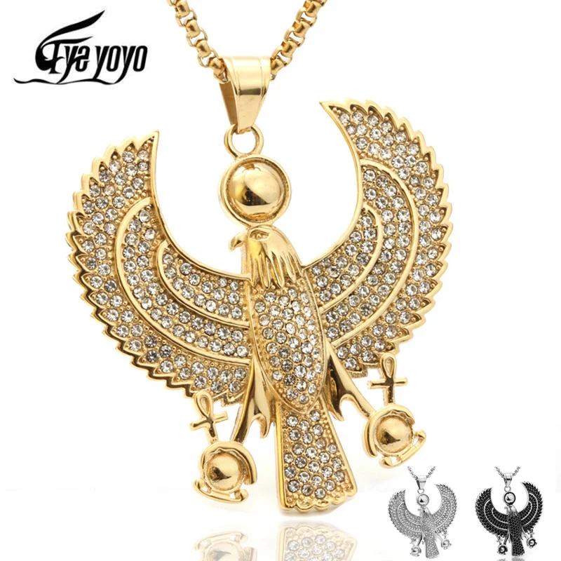 

EyeYoYo Men Necklaces Egyptian Horus Bird Falcon Holding Ankh Pendant S Gold Black Steel Fashion Hiphop Costume Jewelry Choker