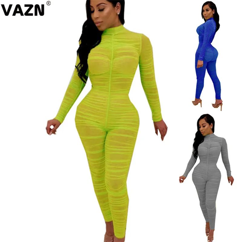 VAZN OMSJ01 Новые прозрачные сексуальные шифоновые однотонные Комбинезоны Платье-водолазка с длинными рукавами Высокая талия женские узкие длинные Комбинезоны