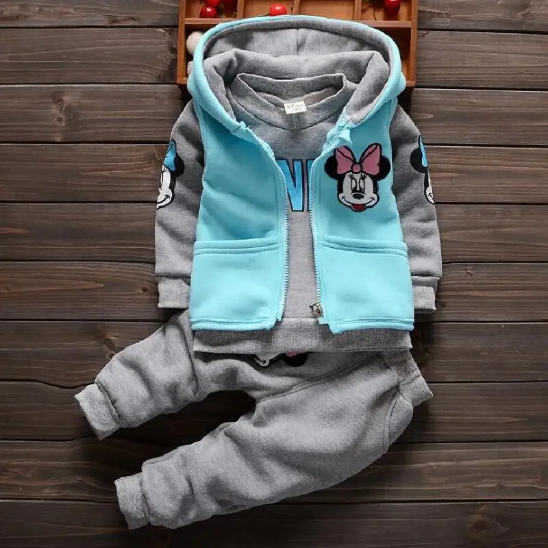 Thick Plush Baby Girls Clothing Sets Winter Kids Clothes 4 Color Minnie Hoodies Jacket Vest Pants 3pcs Children Clothing