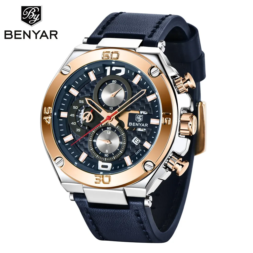 Silver Gold BENYAR, мужские часы, кварцевые, многофункциональные, спортивные, с хронографом, 30 м, водонепроницаемые, топ, люксовый бренд, наручные часы, часы, Relogio Masculino - Цвет: Silver Gold