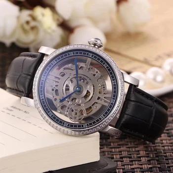 

Classic New Men Automatic Mechanical Watch Silver Rose Gold Diamond Black Brown Leather Skeleton Simple Sapphire Sport AAA+