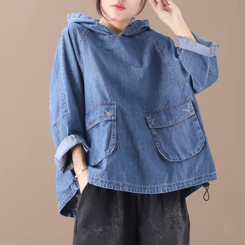

2019 female new autumn Korean style plus size literary double pocket drawstring loose denim shirt