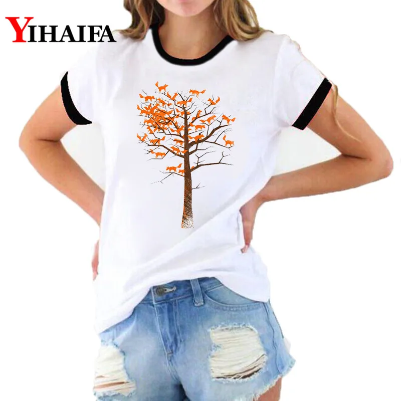 

Women 3D Print T Shirts Fox Tree Animal Graphic Tees Lady Summer Harajuku Short Sleeve White Casual Ropa Mujer Tops