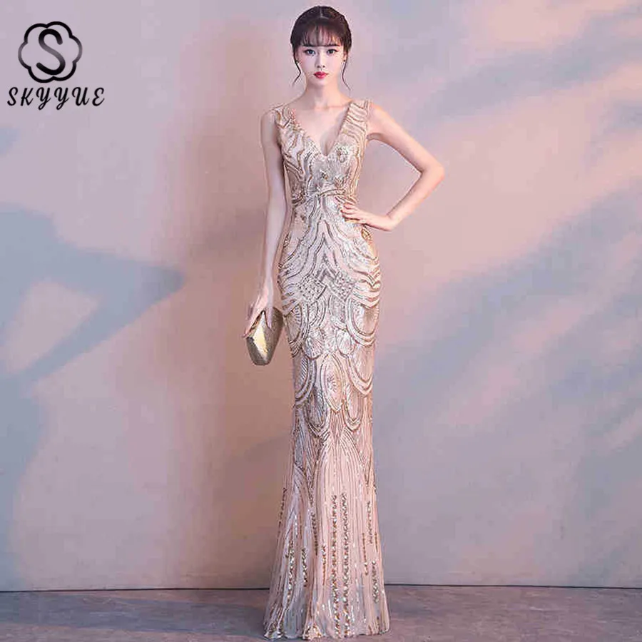 

Skyyue Evening Dress Formal Gown V-neck Sleeveless Tank Sequin Floor Length Mermaid Evening Dresses Robe De Soiree 2019 HH098