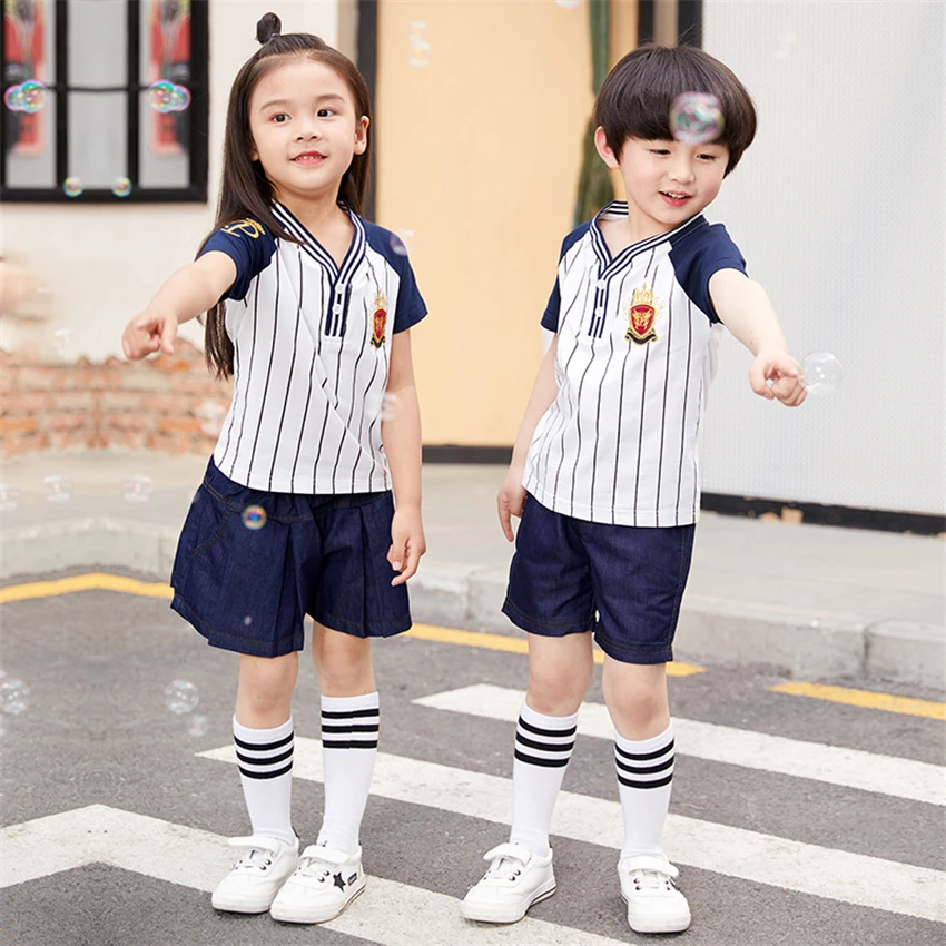Летняя полосатая школьная форма для девочек и мальчиков; Японский Корейский стиль; Детский костюм; бейсбольная команда; детская одежда для детского сада