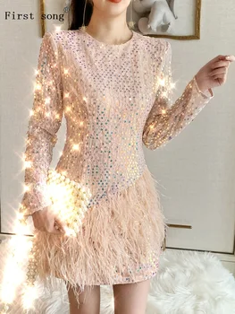 

Firstsong Women's Heavy Craft Feather Tassel Splicing Sequin Sexy Mini Dress2020New Summer Long Sleeve Tight Party Women's Dress