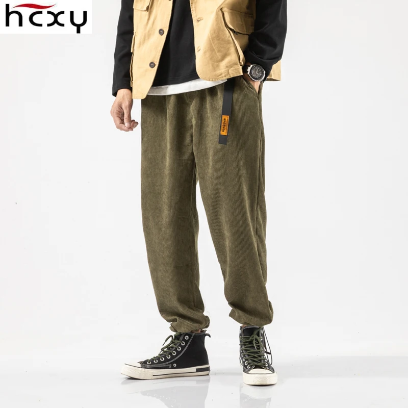 HCXY Fall【Belt для свободного 】 мужские брюки мужские штаны для бега мужские свободные прямые брюки мужские вельветовые брюки плюс размер эластичный пояс