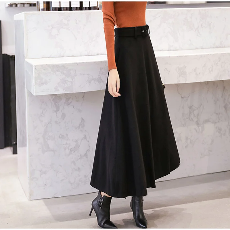Autumn Winter Women's Woolen Maxi Skirts With Belt Pockets Vintage Wool Skirt Ladies Fashion Casual Khaki Streetwear Female