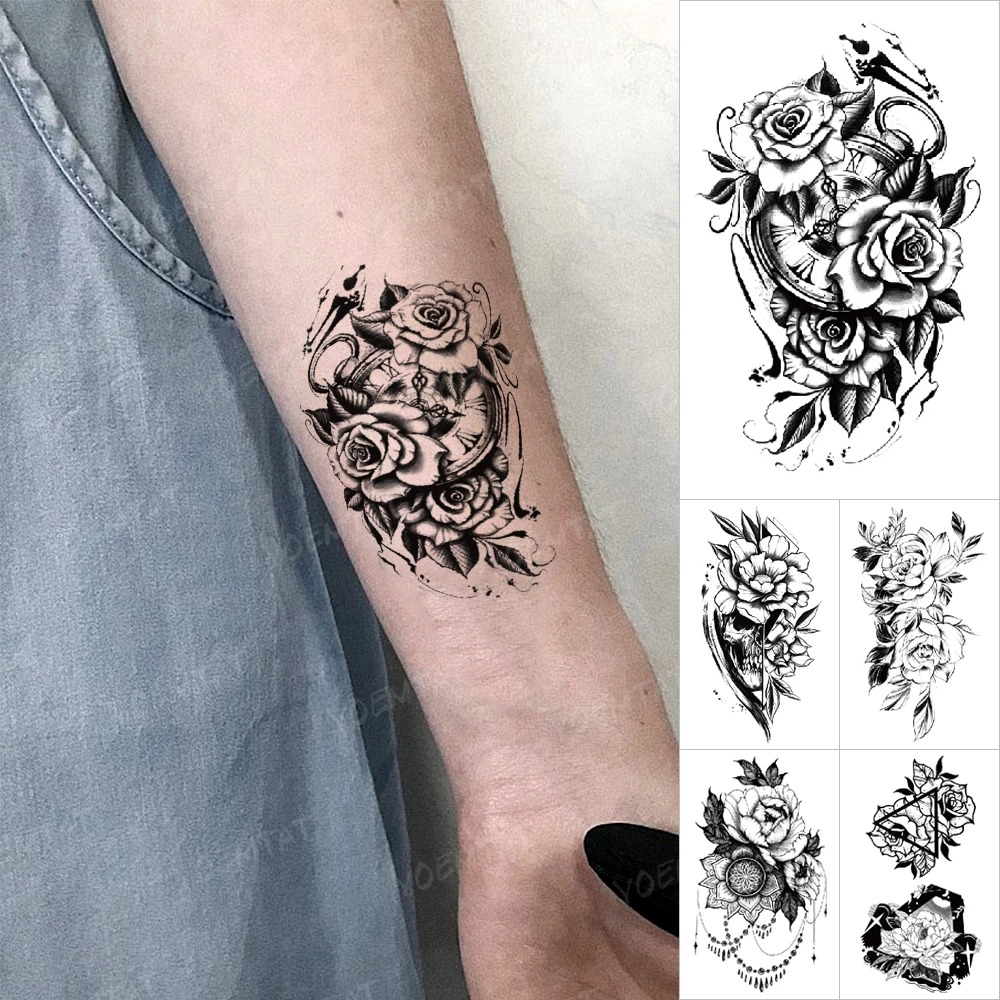 Tatouage Rose Sur La Main Femme Autocollant de tatouage temporaire pour montre, faux tatouage noir,  couronne de pivoine Rose, pour épaule bras main hommes femmes enfants |  AliExpress