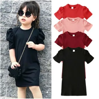 

2020 Toddler Kids Baby Girls Dress 4 Colors Puff Sleeve Solid Straight Casual Knitted Dress Top Outfit 1-6Y