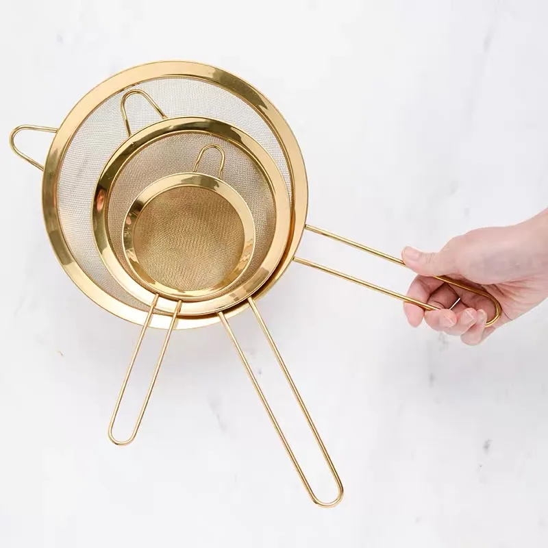 

Stainless Steel Fine Mesh Oil Strainer Golden Flour Sifter Sieve Colanders Flour Coffee Mesh Filter Baking Tools Kitchen Bakware