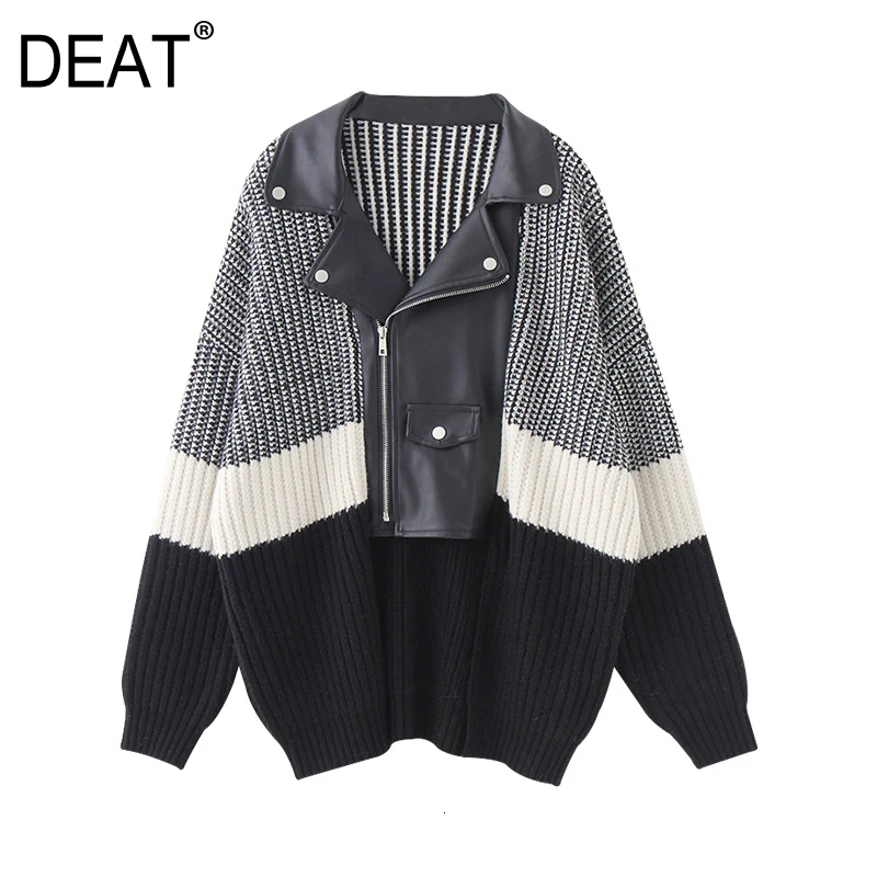 

[DEAT] Pu Leather Knitting Pullovers Sweater Loose Fit lapel Neck Long Sleeve Women New Fashion Tide Autumn Winter 2019 19L-a275