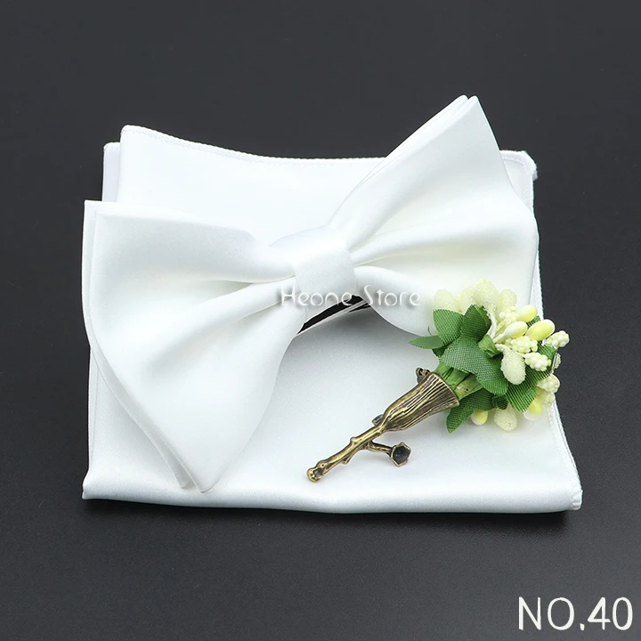 Mens Wedding Bow Tie Brooch Set Romantic Solid Color Silk Polyester Jacquard Woven Bowtie Lapel Pin Hanky Men Gifts Accessories
