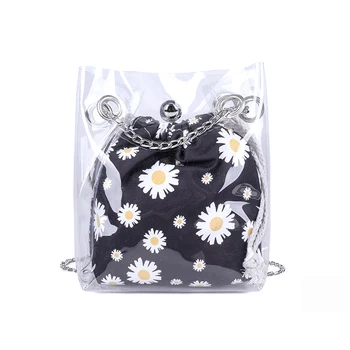 

2PCS Women Shoulder Bag Set Hardware Chain Strap Transparent Daisy Messenger Bag with Drawstring Pouch