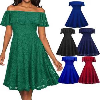 

2020 Lace off-Shoulder Dress Solid Color Lace Dress