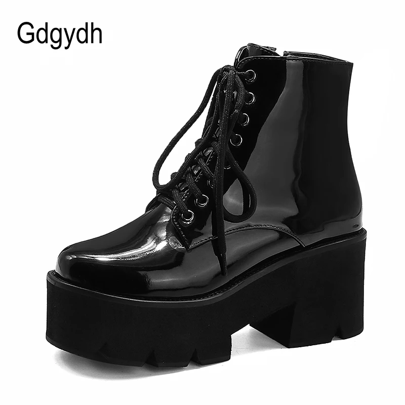 Женские ботильоны в стиле панк Gdgydh Черные из лакированной кожи на массивном