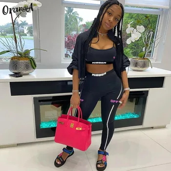 

OrangeA tracksuit women fitness sporty sleeveless tank top+leggings letter print striped two piece set casual workout streetwear