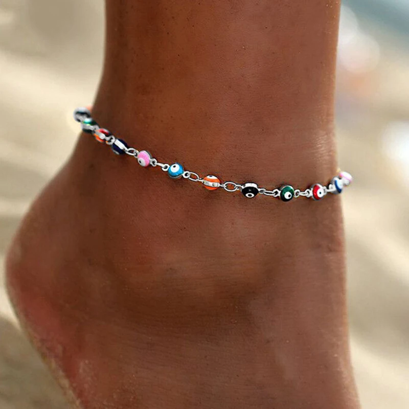 Женские богемные разноцветные ножные браслеты с турецкими глазами летние