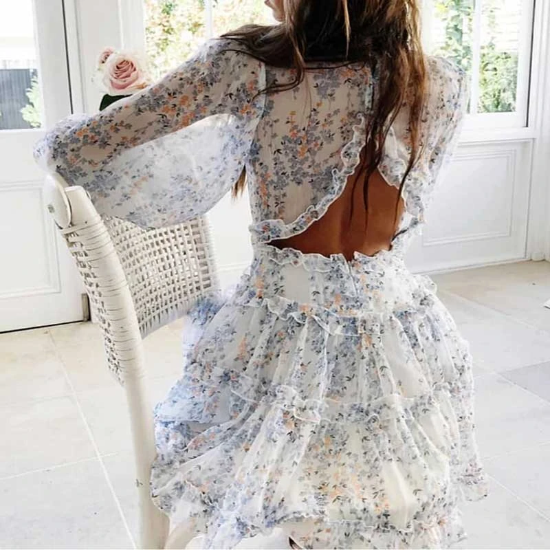 BOHO Harlow Floral Print Ruffle Dress women backless neck dress women mini plus size dress ladies 2021 party dress|Dresses| - AliExpress