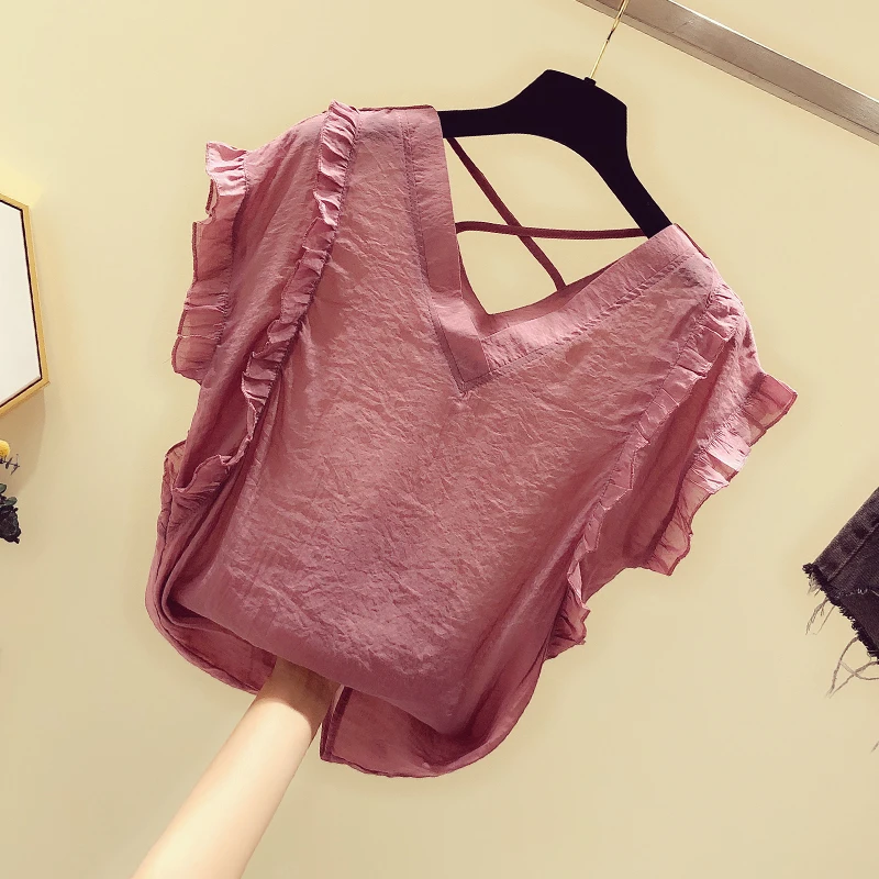 cotton and linen ruffles women blouse and shirts v-neck solid office lady elegant shirts outwear tops