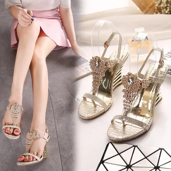 

Ankle Wrap Back Strap High Summer Wedges Heels Sandals Crystal Women Shoes Solid Button Platform Sandals