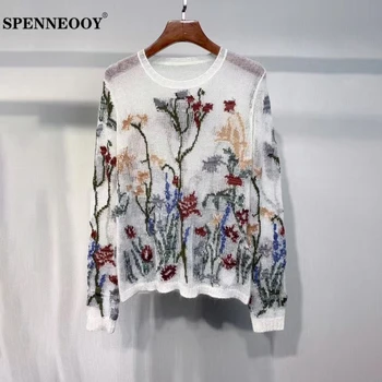 

SPENNEOOY Designer Custom Runway Summer Female Cashmere Knitting Pullovers Women Embroidery Hollow Out Vintage Sweater Tops