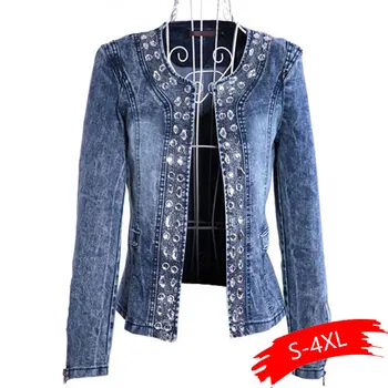 

Denim Jackets for Women Rhinestone Paillette Woman Coats Blaser Vintage Water-Wash Casual Lady Jeans Cardigan Jaqueta Feminina
