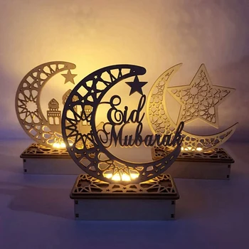 

3 Pcs Ramadan Mubarak Decorative Lights Eid Wooden Moon Star Lights Tabletop Ornaments for Home Party Supplies