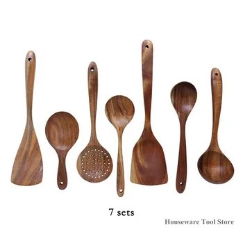 

7PCS Kitchenware Set Teak Natural Wood Table Spoons Reusable Cookware Drinking Tools Kitchen Tool Non-stick Kitchen Accessories